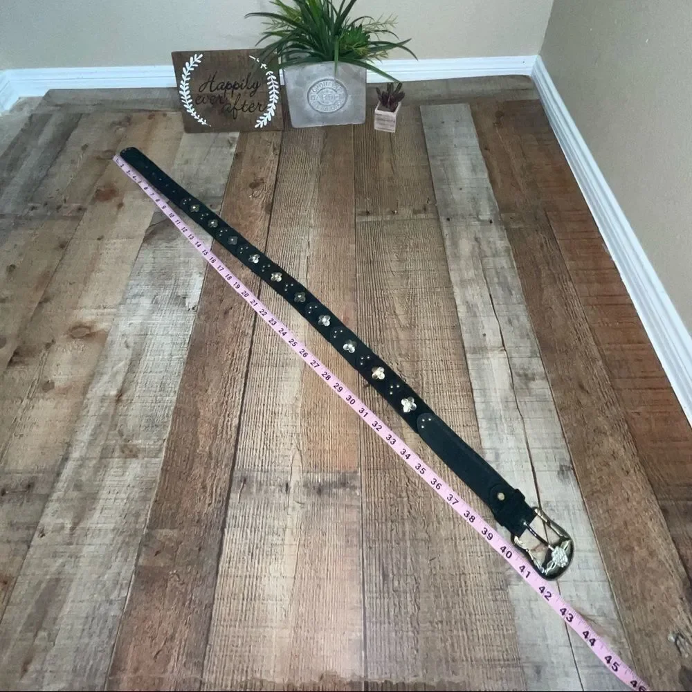 Black leather flower studded belt
